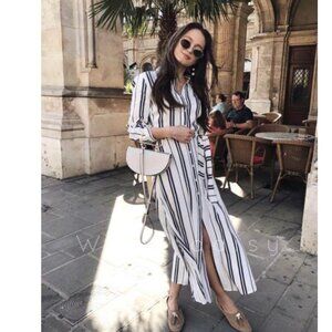 Zara White Maxi Shirt Dress with Navy Blue Stripes XS Women’s